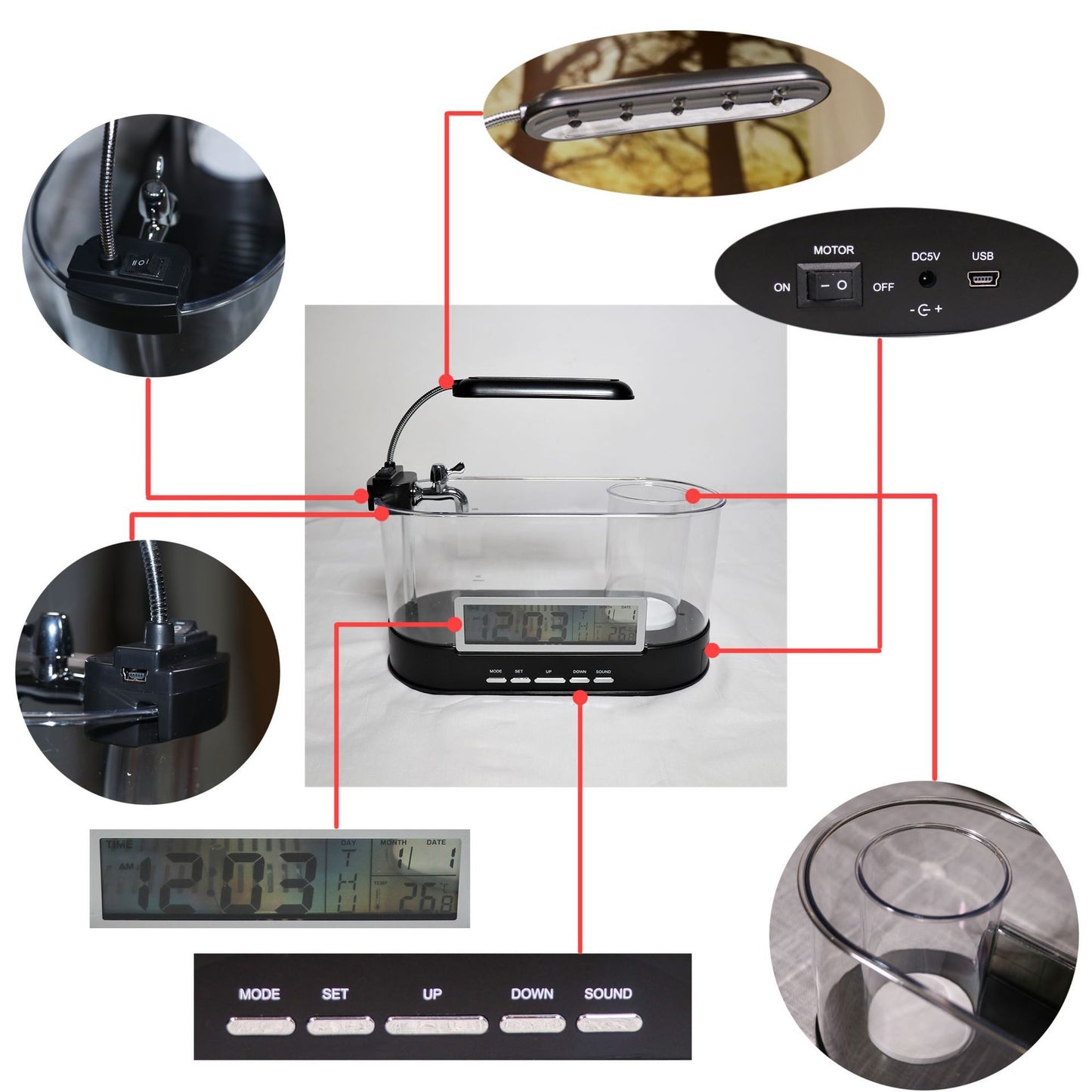 USB Mini Desktop Aquarium with Time, Date, Temperature, and Alarm
