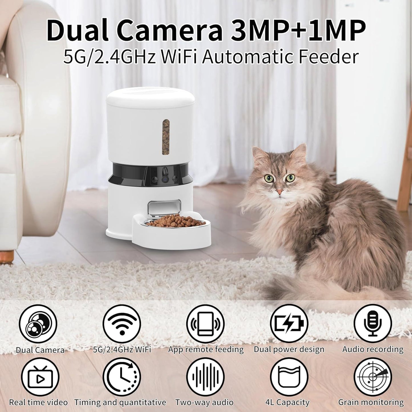 1080P HD Camera - Equipped Automatic Cat Feeder 4L Pet Timed Dog Feeding Dispenser With Freshness Preservation And Low - Food Sensor. Up To 10 Meals Per Day, Controlled By Smart APP