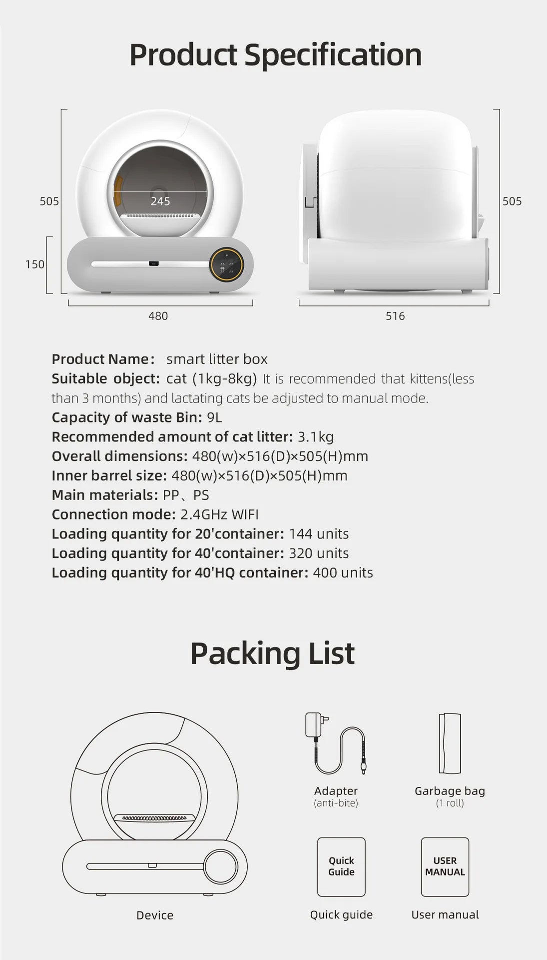 65L Automatic Smart Cat Litter Box with Self-Cleaning Feature