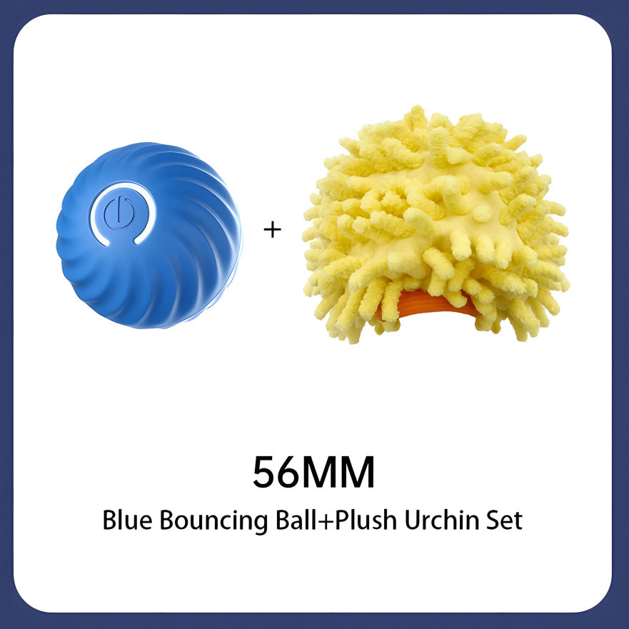 Automatic interactive bouncing ball for dogs – smart self-moving toy with rotating motion, quiet urchin cover, and USB rechargeable design.