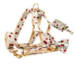 Cherry Pattern Pet Leash with Gold Buckle and Bow