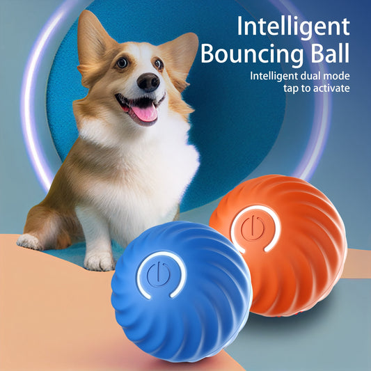 Automatic interactive bouncing ball for dogs – smart self-moving toy with rotating motion, quiet urchin cover, and USB rechargeable design.
