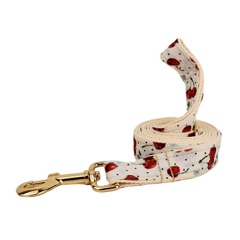 Cherry Pattern Pet Leash with Gold Buckle and Bow