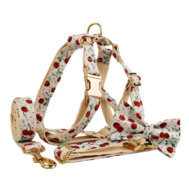 Cherry Pattern Pet Leash with Gold Buckle and Bow
