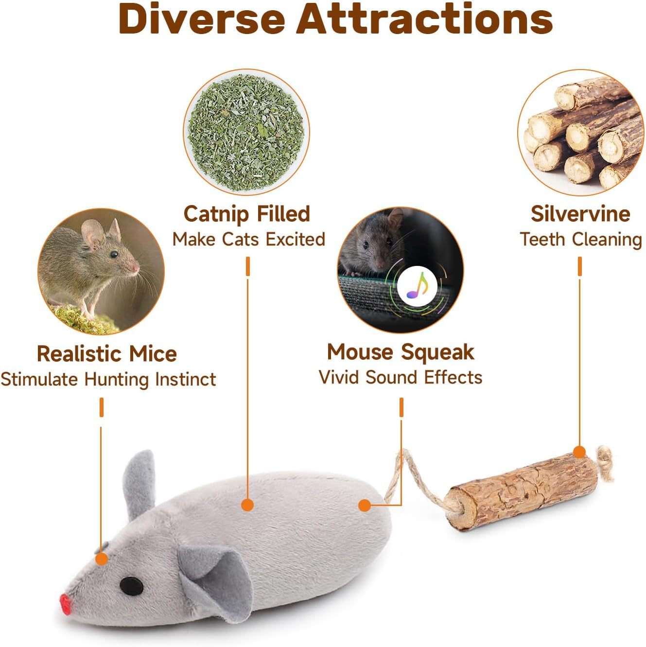 Squeaking Mice Cat Toys with Catnip and Silvervine for Cats