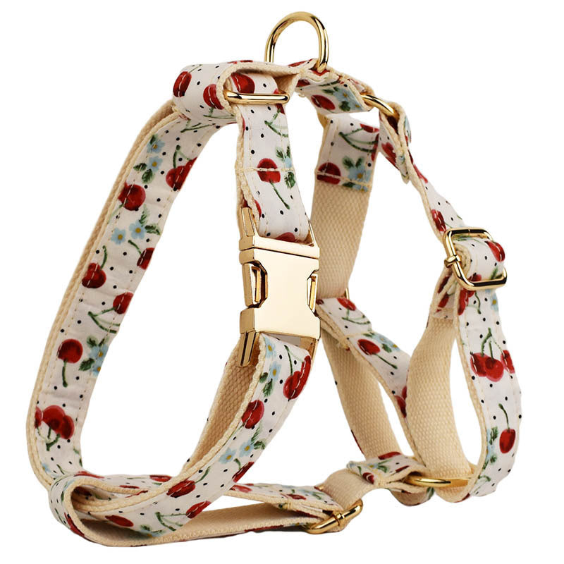 Cherry Pattern Pet Leash with Gold Buckle and Bow